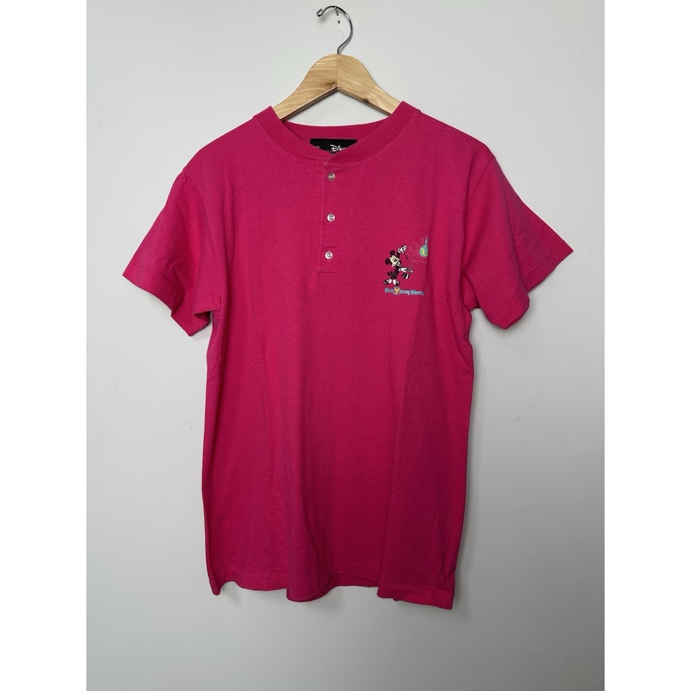 Vintage 20th Anniversary Disney World Mickey Mouse Henley T-shirt Top Pink S/M‎